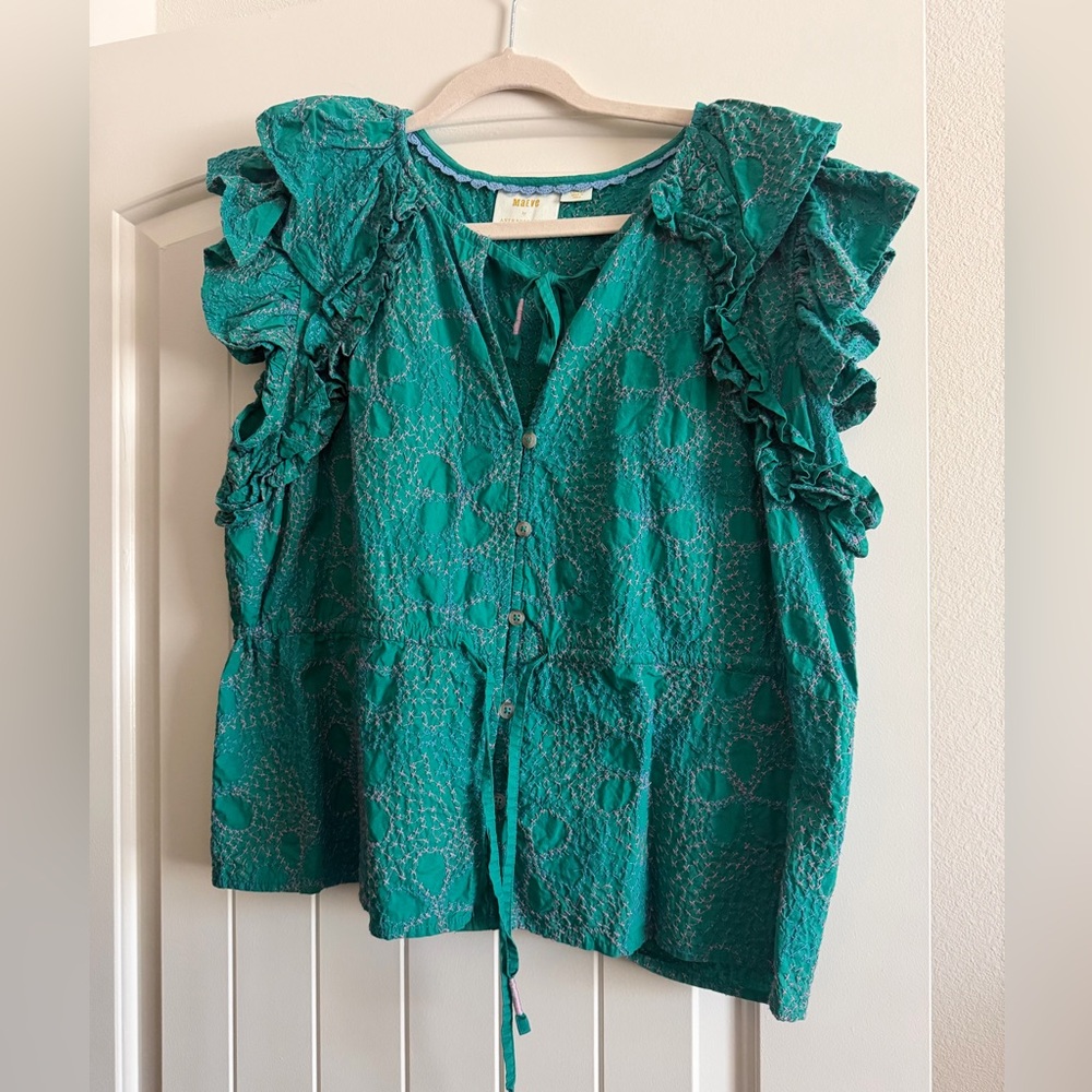 Anthropologie Teal Ruffled Sleeve Button-Front Blouse